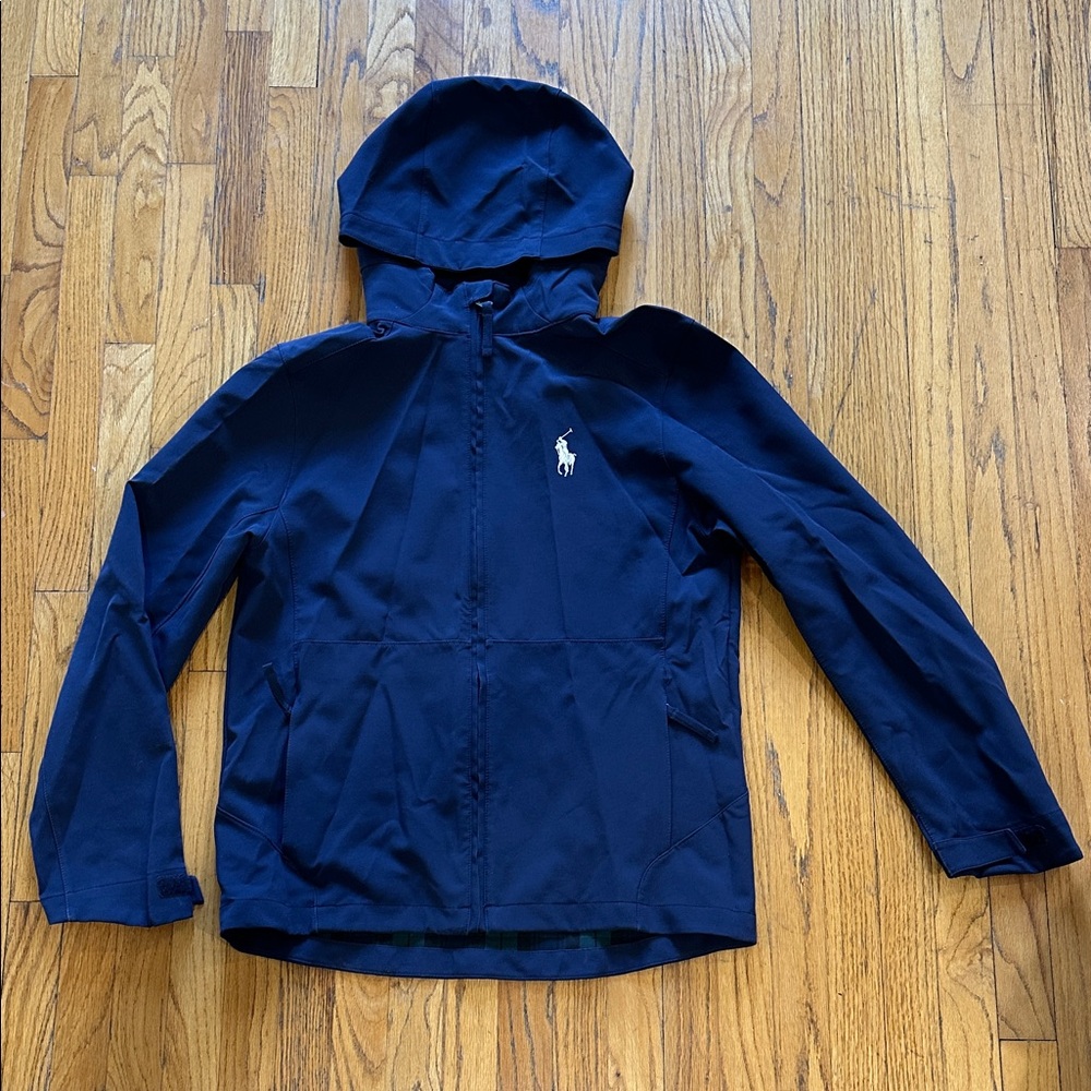 Polo Ralph Lauren Plaid Navy and Green Plaid Lining Rain Slicker Hooded Jacket